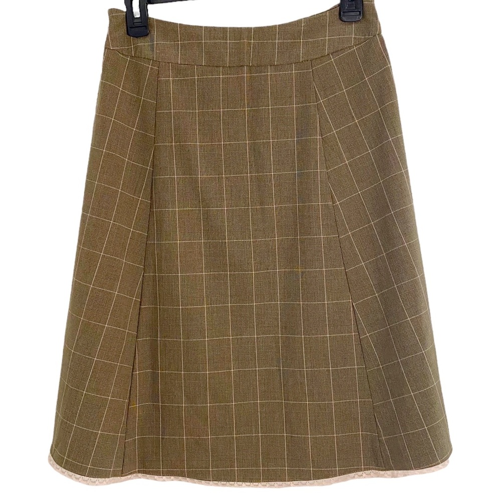 Old Navy Brown Checkered Plaid Flair Skirt With Pink Lace Hem, Juniors Size 1